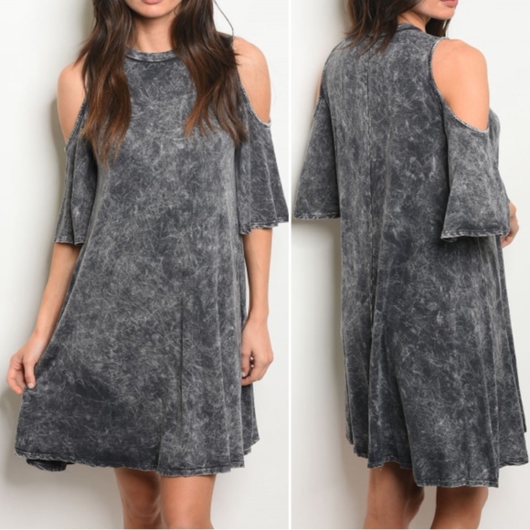 CHARCOAL GREY MINERAL WASHED COLD SHOULDER DRESS - Picture 2 of 7